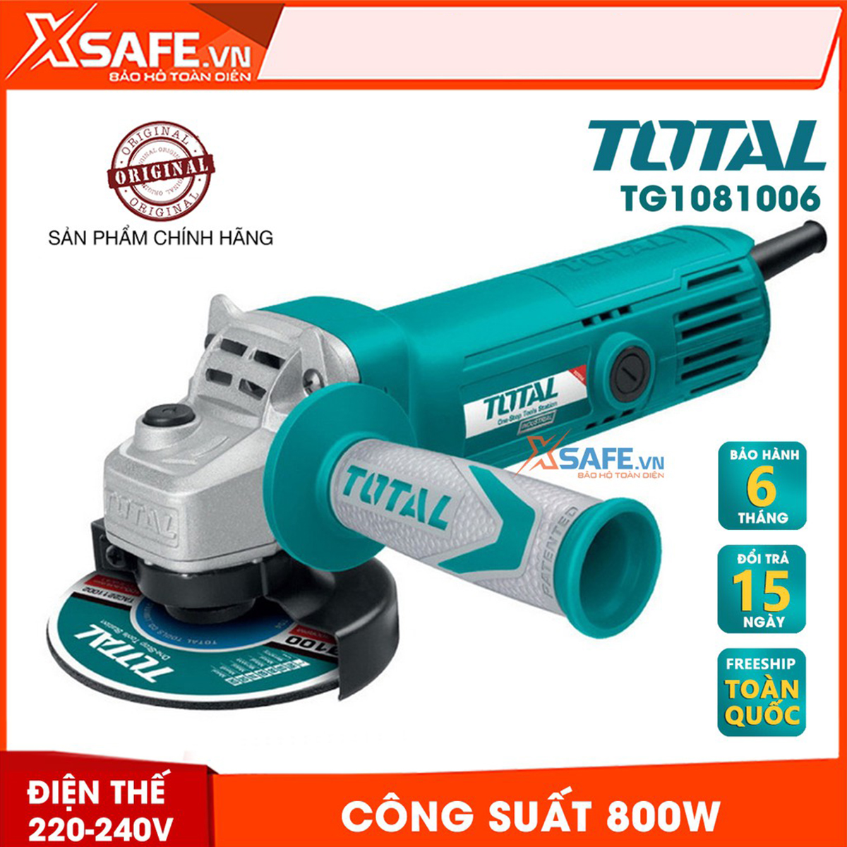 Máy mài cầm tay TOTAL TG1081006 công suất 800W đóng gói trong hộp màu. Máy mài góc điện thế 200-240V - Chính hãng