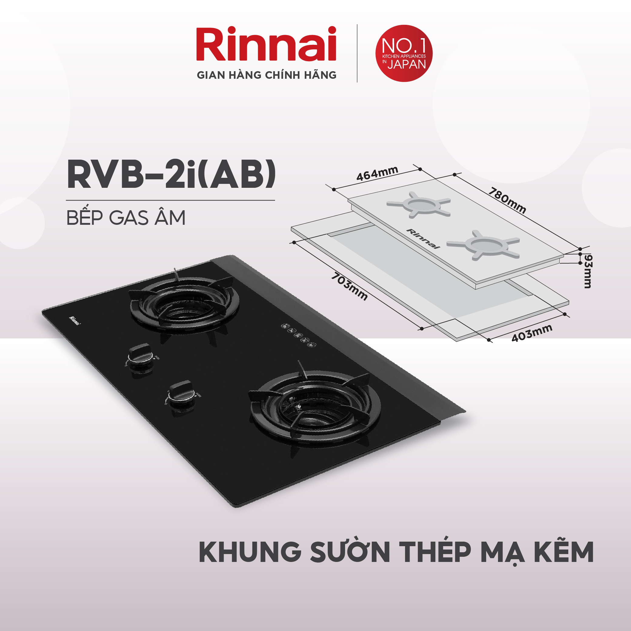 Bếp gas âm đầu đốt trong Rinnai RVB-2i mặt bếp kính và kiềng bếp men - Hàng chính hãng.