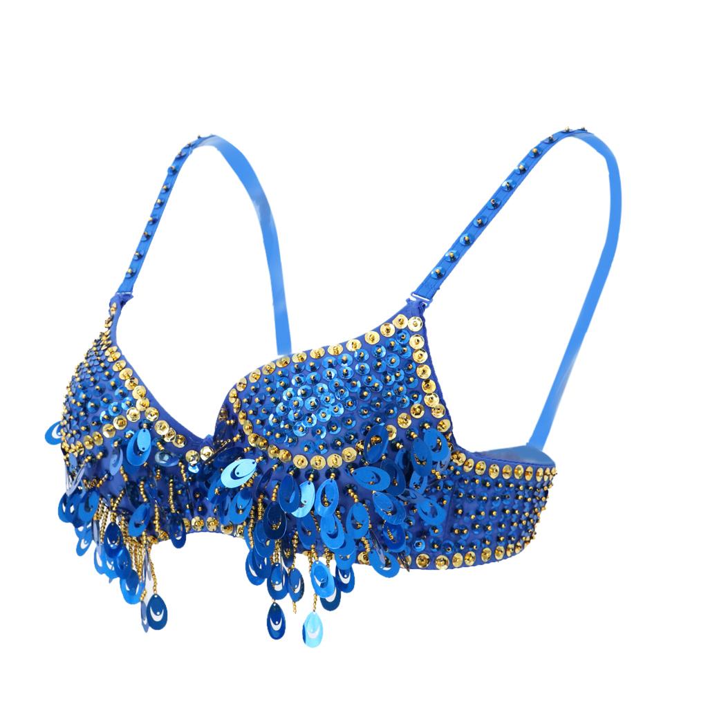 Women's Belly Dance Beaded Bra Sequins Top Sexy Dancing Singer Costume Tassels
