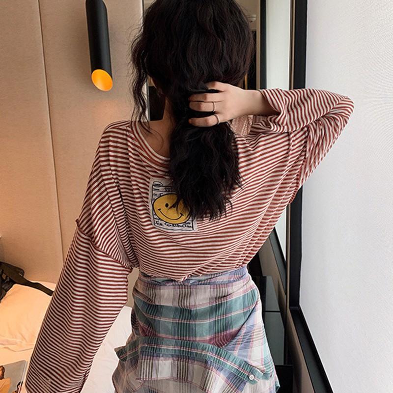 Áo thun kẻ sọc dài tay form rộng phong cách Hàn Quốc đơn giản