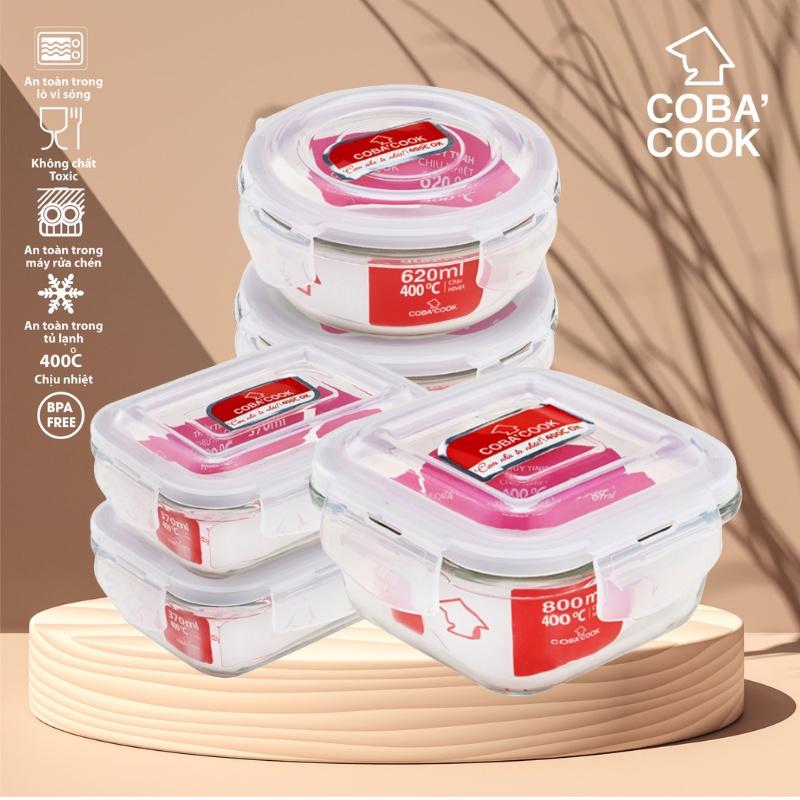 Bộ 5 hộp thủy tinh trữ thực phẩm chịu nhiệt 1 vuông 800ml 2 tròn 620ml 2 chữ nhật 370ml COBA'COOK-CCS8R6L35
