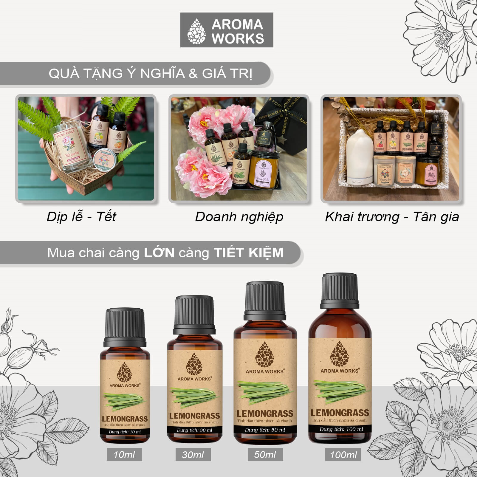 Tinh dầu khử mùi - thanh lọc không khí Aroma Works sả chanh, quế, bạch đàn chanh, thông, phong lữ