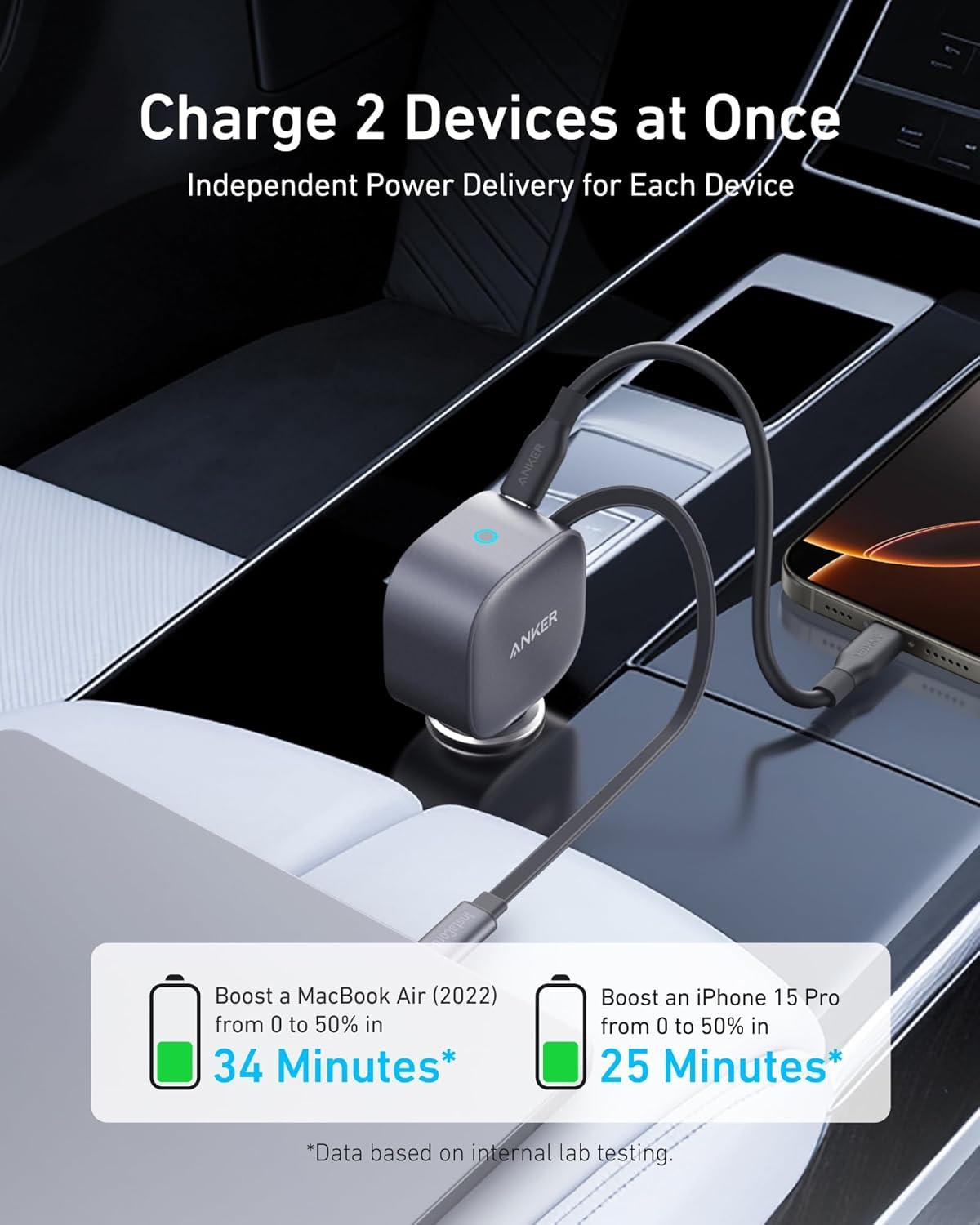 Tẩu sạc ô tô Anker Nano 1C 75W (Built-In Retractable USB-C Cable) Xám (Gray) A2738 - Hàng Chính Hãng