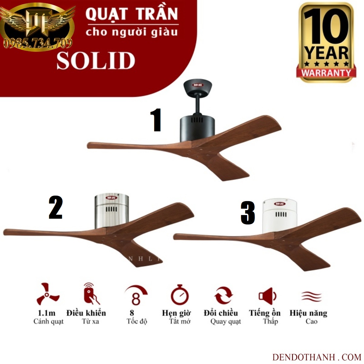 Quạt trần MR vũ mã solid quạt trần cho người giàu 3 cánh gỗ chuyên chung cư trần thấp QTD