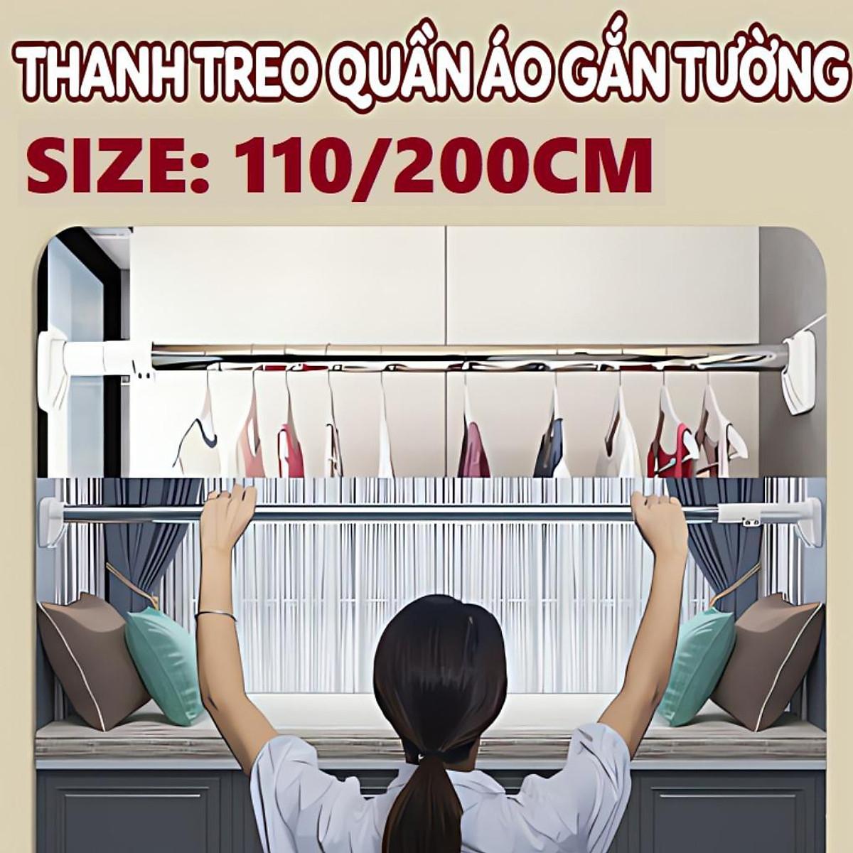 Thanh Treo Quần Áo Treo Rèm Nhà Tắm 2 Mét Rút Gọn Đa Năng Không Cần Khoan Vít, Chất Liệu Inox Chắc Chắn