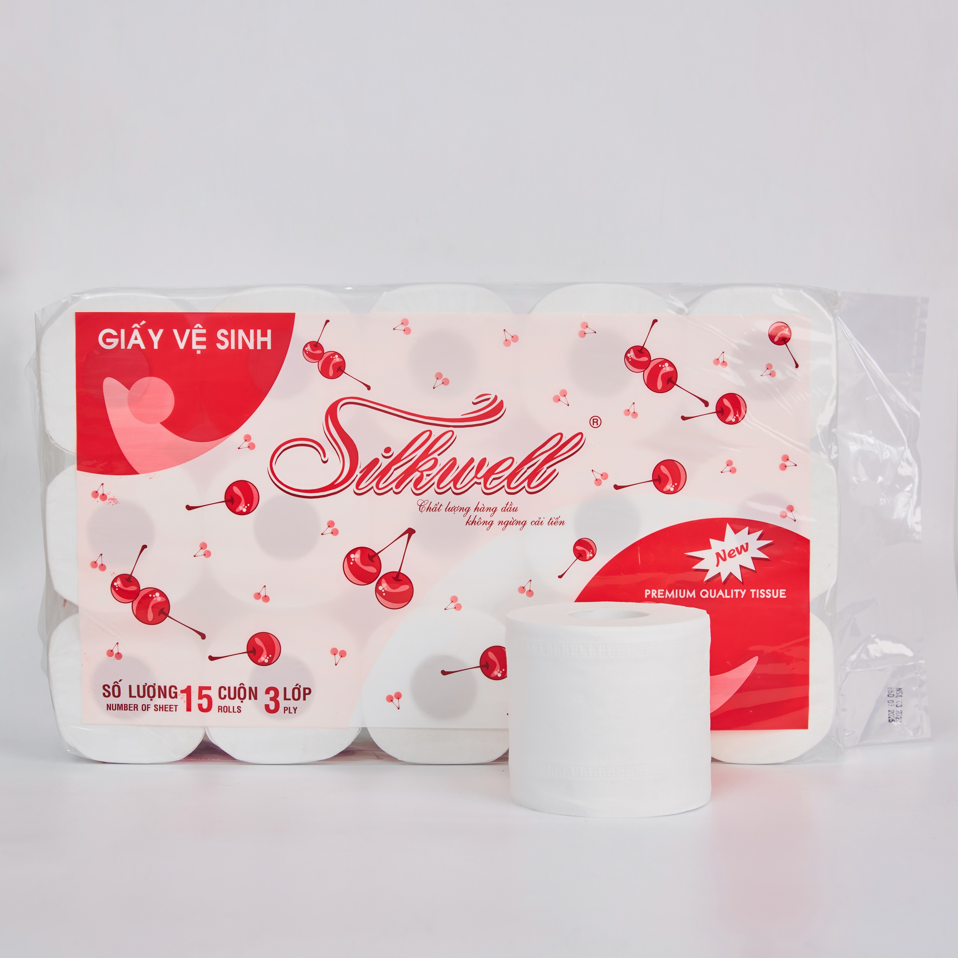 Giấy vệ sinh Silkwell Cherry 15 cuộn 3 lớp có lõi cao cấp, giấy vệ sinh siêu mềm mịn không tẩy trắng hàng chính hãng