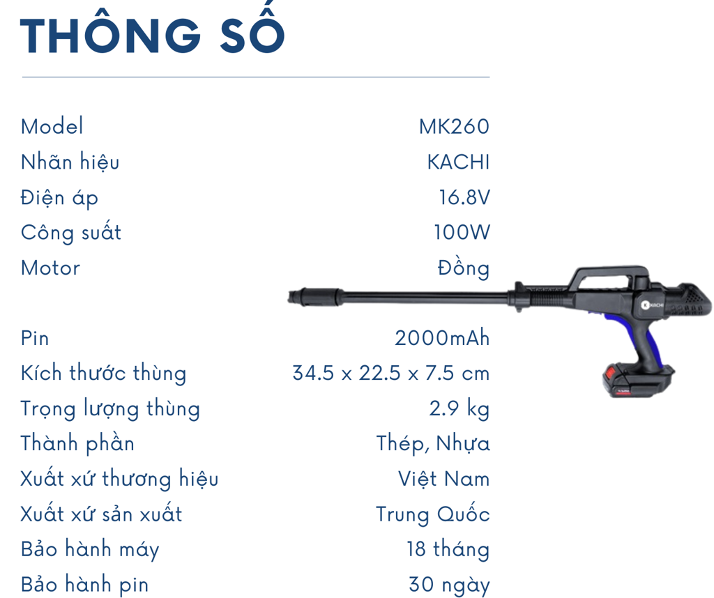 Máy phun xịt rửa di động không dây Kachi MK260 dùng pin - Hàng chính hãng