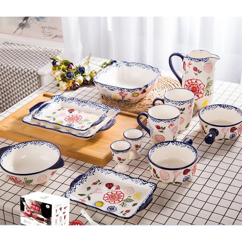 Bộ bát đĩa hoạ tiết vẽ tay nhiều màu sắc hoa bướm, chanh vàng và hoa đỏ