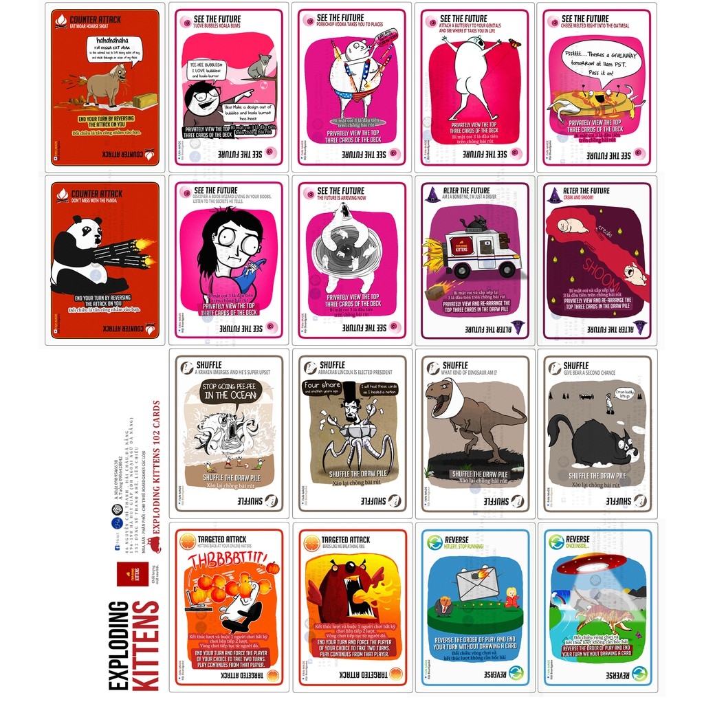 Mèo Nổ Bạc - Exploding Kittens Silver Phiên bản nâng cấp 78 lá - Bản Song Ngữ Anh - Việt ( Có tiếng việt đi kèm)