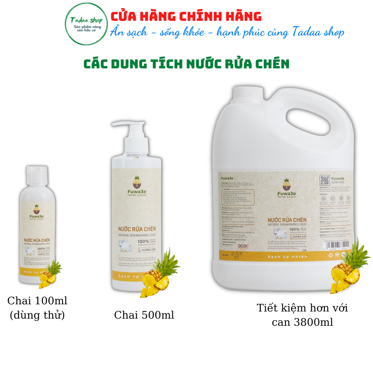 Nước rửa chén hữu cơ hương dứa Fuwa3e an toàn cho da trẻ em can tiết kiệm 3,8L