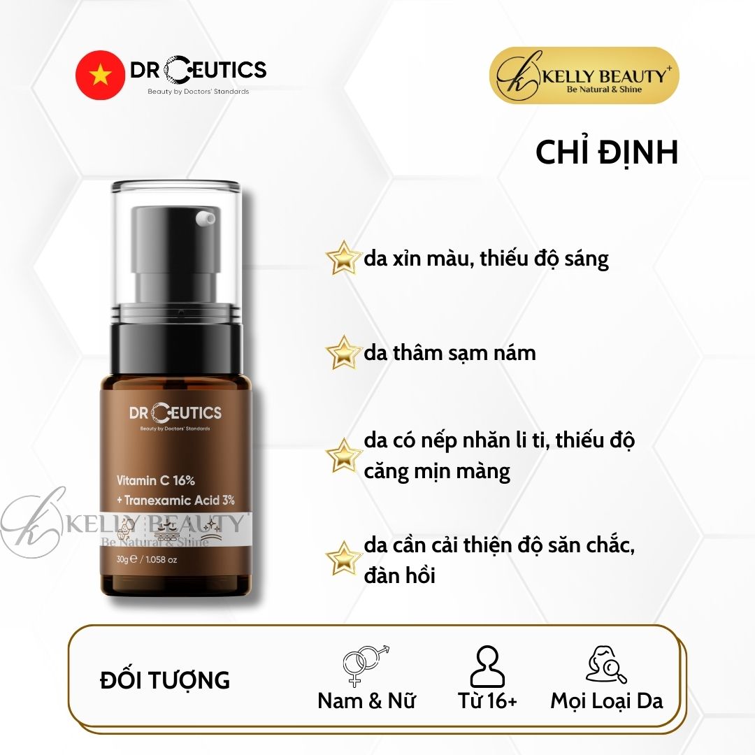 DrCeutics Vitamin C 16% + Tranexamic 3% - Tinh Chất Chống Lão Hóa, Sáng Da, Mờ Thâm Nám | Kelly Beauty
