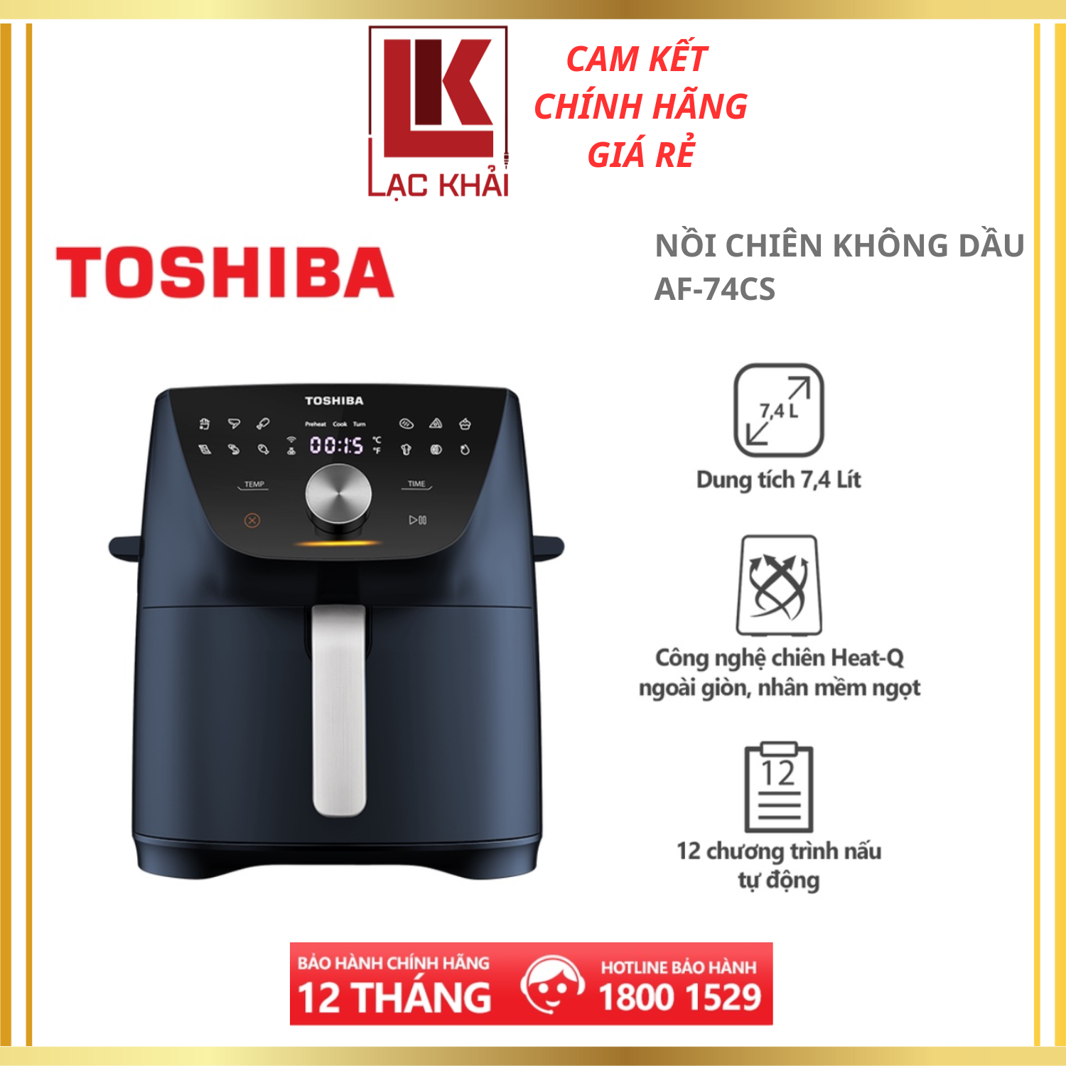 Nồi chiên không dầu Toshiba AF-74CS - Dung tích 7.4L, Điều khiển cảm ứng, 12 chương trình nấu - Hàng chính hãng