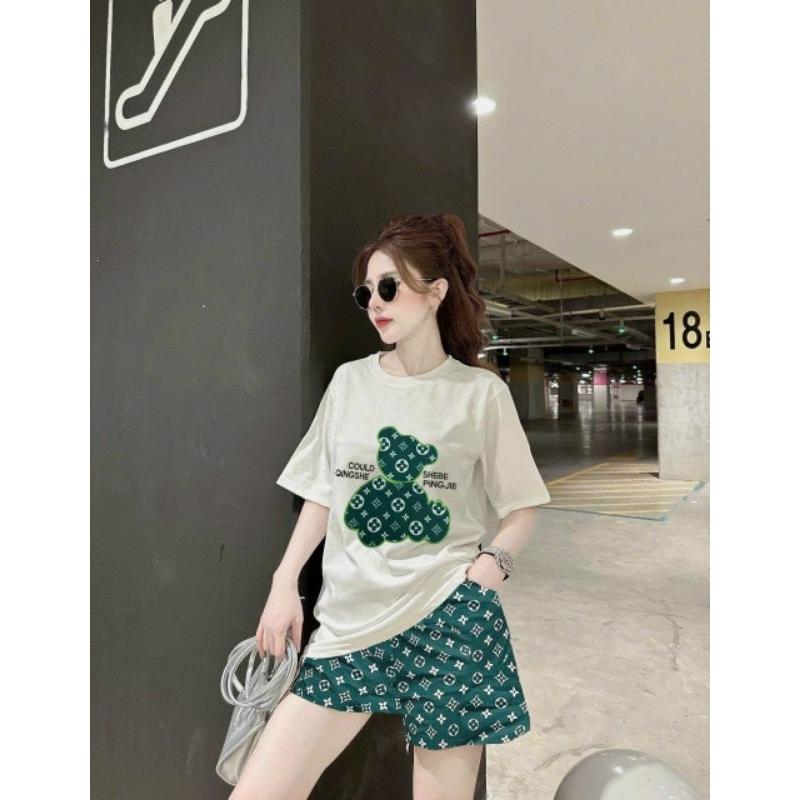 Sét bộ đồ đùi nữ mặc đi làm đi chơi thêu hình gấu siêu xinh, bộ đồ mặc ở nhà quần ngắn thun cotton siêu mát
