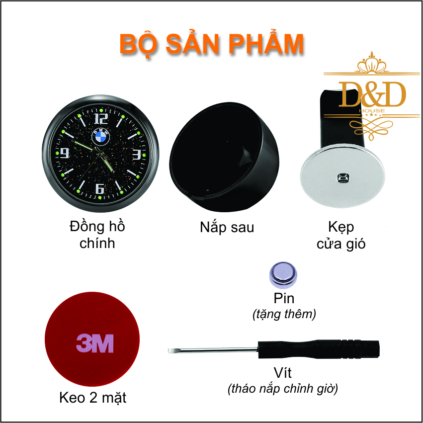 Đồng hồ trang trí xe hơi đủ logo các hãng xe (dán táp lô hoặc gắn cửa gió) - Tặng thêm 1 pin