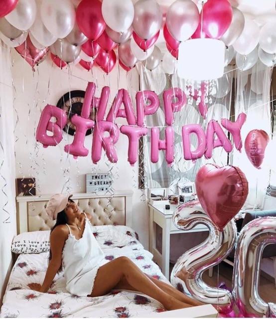 Bộ Bóng Chữ Happy Birthday Tông Hồng Tặng Kèm Hình Bánh Sinh Nhật, Chai, Cờ Giấy