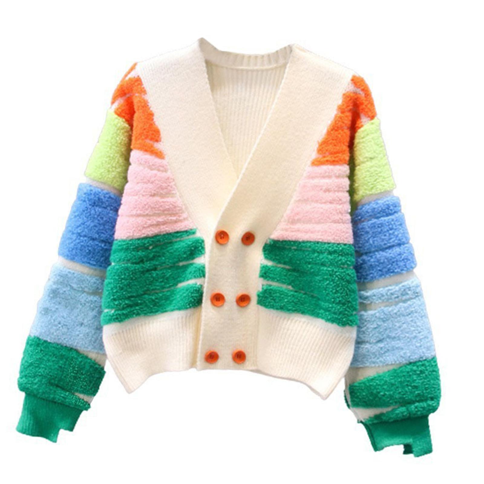 Rainbow Striped Cardigan Sweater Double Breasted Sweater Jacket Coat Button Autumn Clothing Daily Wear Long Sleeve Knit Sweater