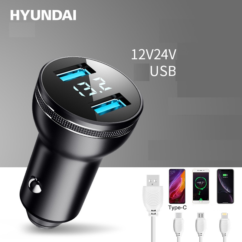 Tẩu sạc trên ô tô Hyundai siêu nhanh QC3.0 5a 2 cổng chuyển đổi 24v chống cháy nổ có đèn led