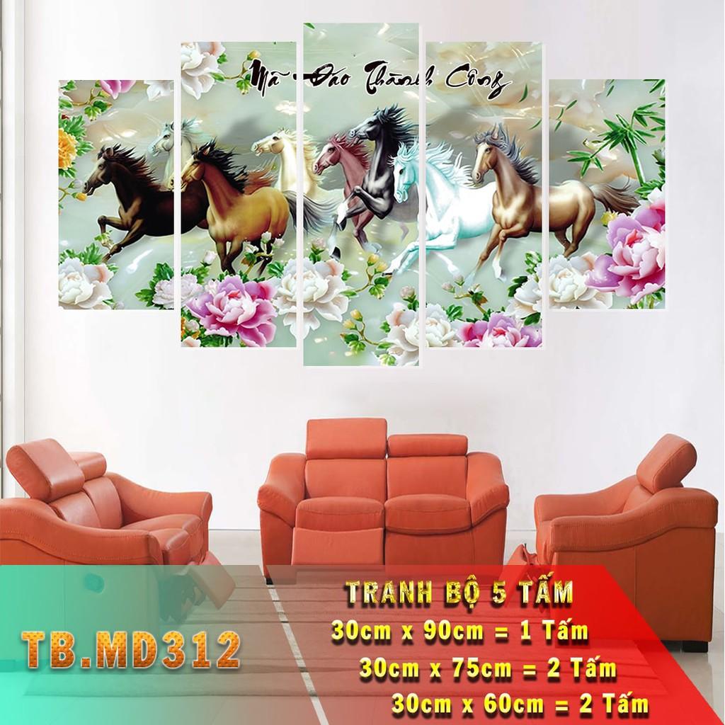 Bộ 5 tấm ghép tranh dán tường 3D mã đáo thành công, tranh ngựa 3d dán tường