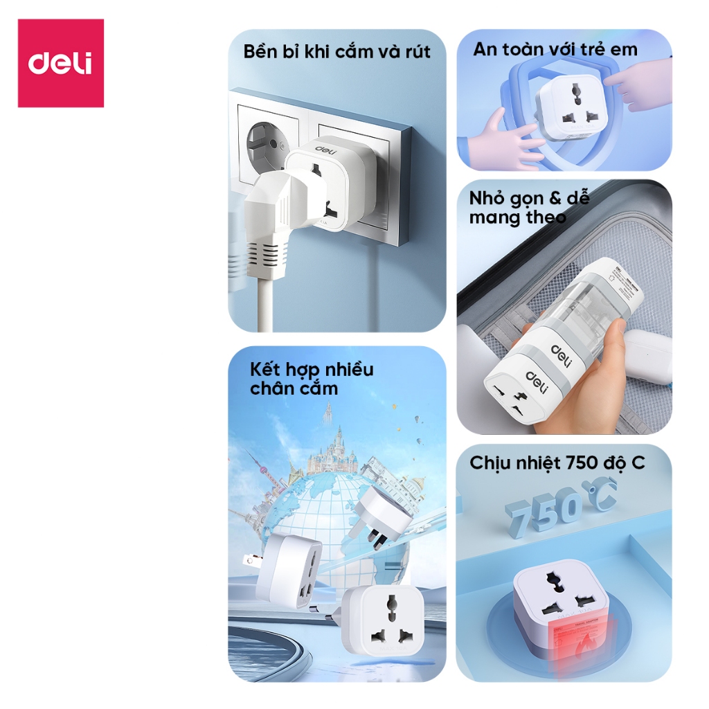 Phích Cắm Chuyển Đổi 3 Chân Sang 2 Chân, Ổ Cắm Tiêu Chuẩn Châu ÂU, Mỹ, Anh Dùng Đa Quốc Gia Du Lịch