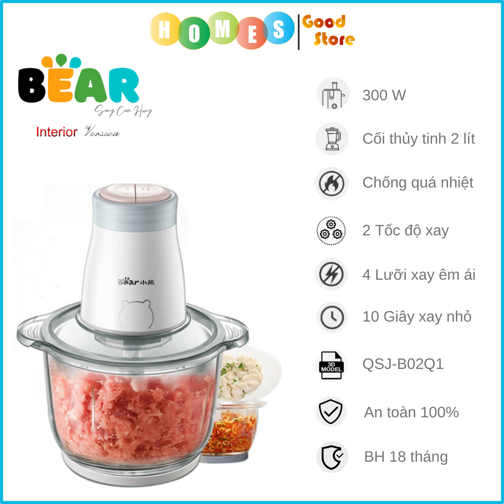 Máy Xay Thịt, Máy Xay Thực Phẩm BEAR QSJ-B02Q1 Xay Cực Êm Dung Tích 2 Lít Công Suất 300 W - Hàng Chính Hãng