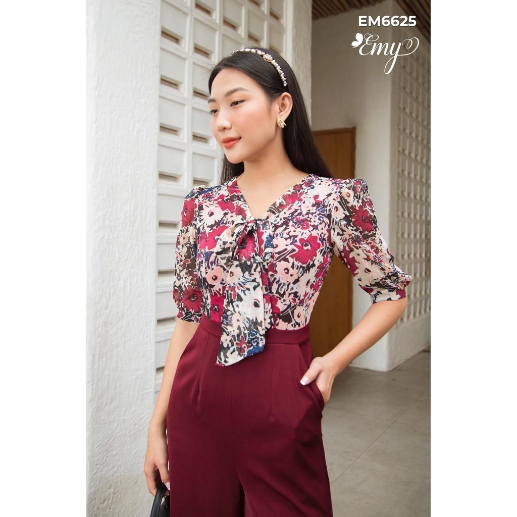 Jumpsuit EMY EM6625 Hoa Lá Phối Màu Phối Dây Cột Nơ