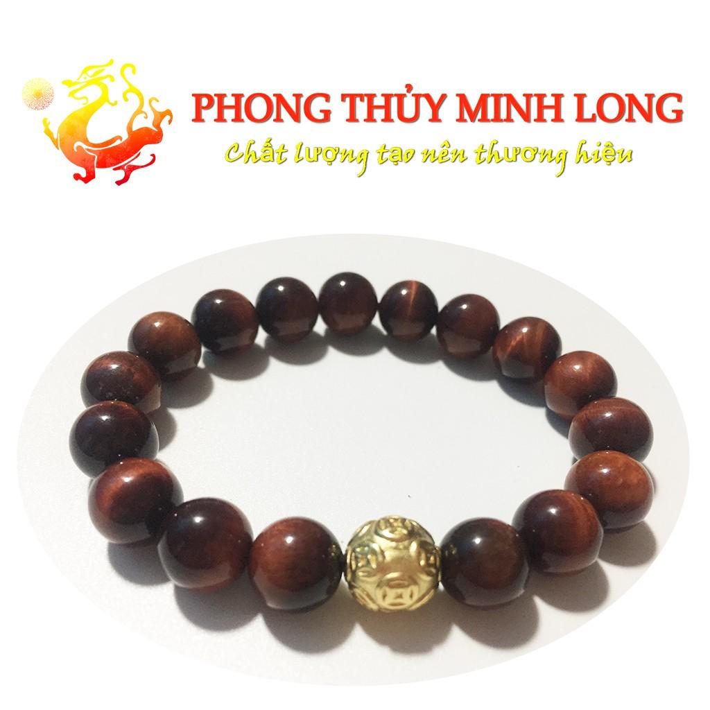 Vòng tay đá mắt hổ Đỏ Nâu chất lượng 5A Mix 1 hạt Kim Tiền Vàng hợp mệnh Hỏa và Thổ