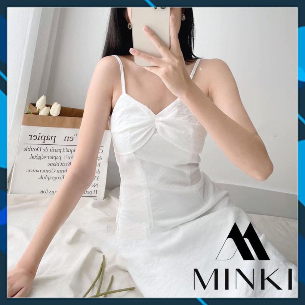Váy Hai Dây Nhún Nơ Ngực - Chất Liệu Cotton Lụa Cao Cấp - Hai Màu Cam/ Trắng