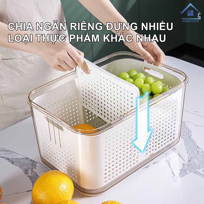 Hộp nhựa đựng thực phẩm tủ lạnh 2 lớp Homepower ghi chú thời gian bảo quản thông minh kèm rổ thoát nước tiện lợi - Cao cấp