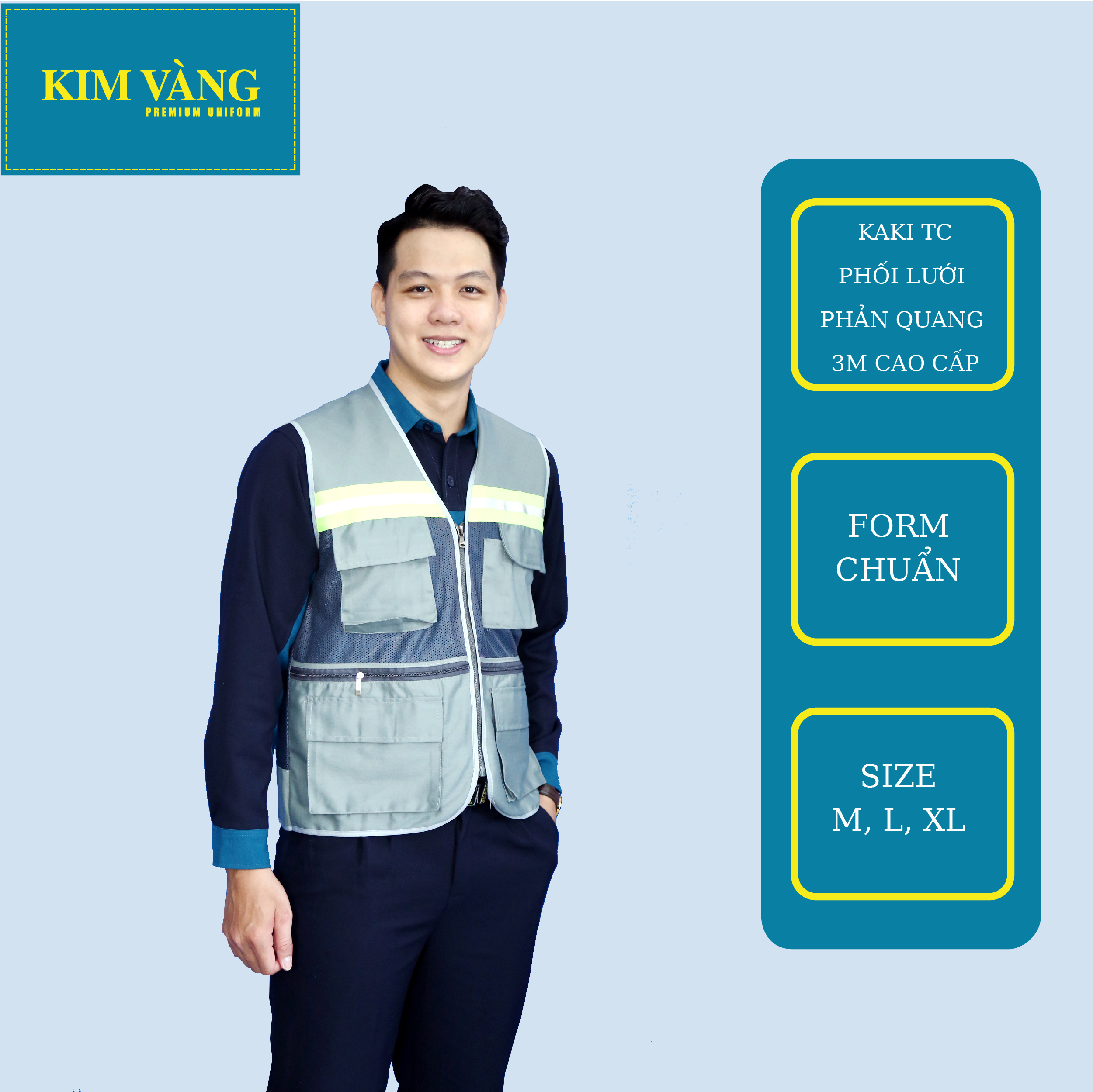 Áo ghile kĩ sư, đồng phục bảo hộ lao động chất liệu kaki TC phối lưới phản quang 3M cao cấp - Màu xám