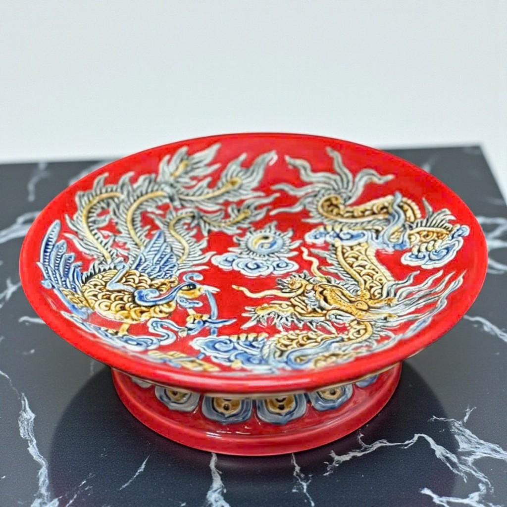 Bộ đồ thờ RỒNG VIỆT men đỏ đắp nổi, gốm sứ Bát Tràng tinh xảo, sản phẩm cao cấp cho thờ cúng