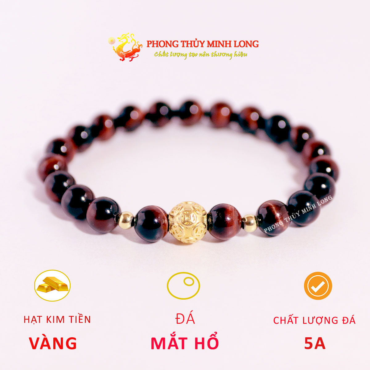 Vòng tay đá mắt hổ đỏ nâu mix hạt kim tiền vàng