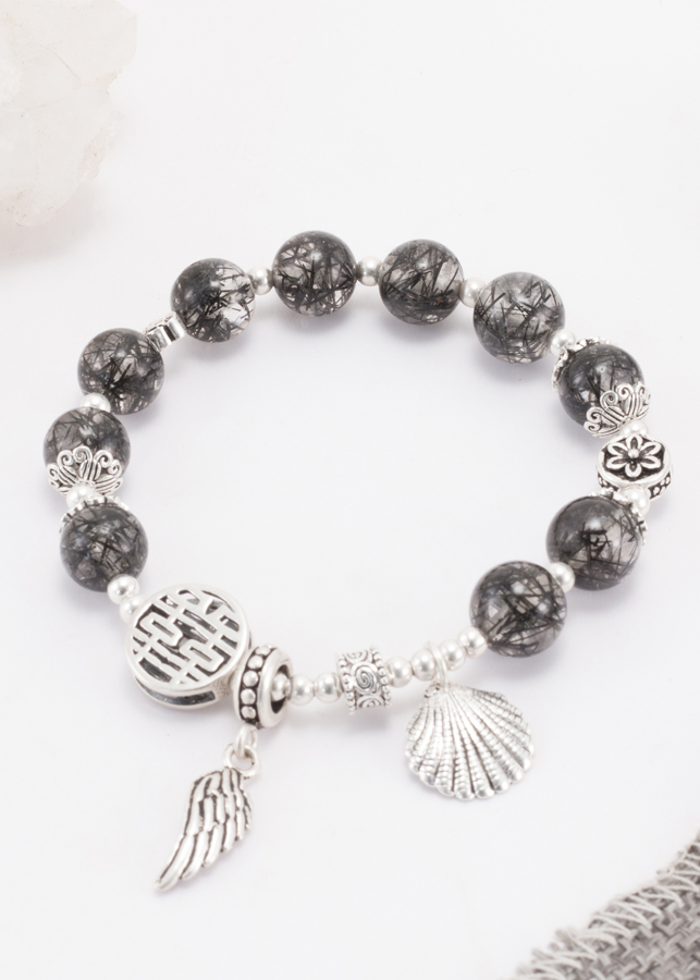 Vòng Thạch Anh Tóc Đen AAA Phối Charm Cánh Bạc Ngọc Quý Gemstones