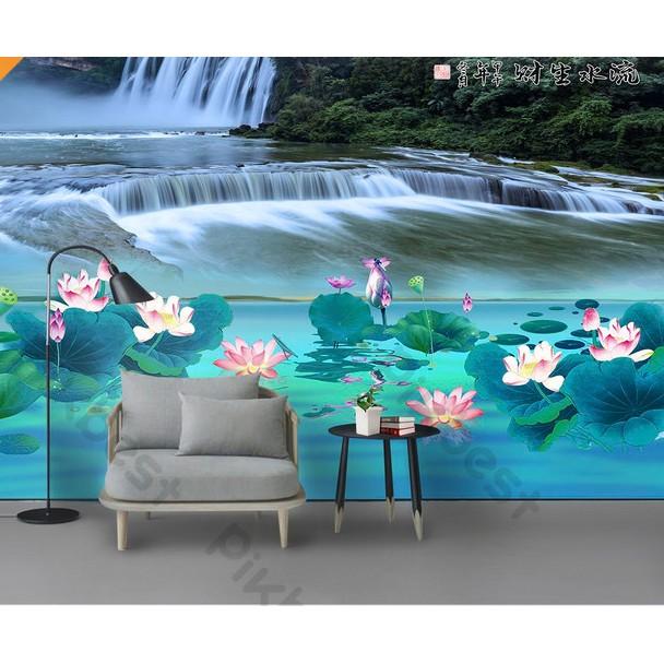 Cánh đồng hoa sen và thác nước, Tranh 3d dán tường hiện đại phòng khách, phòng ngủ MS998787