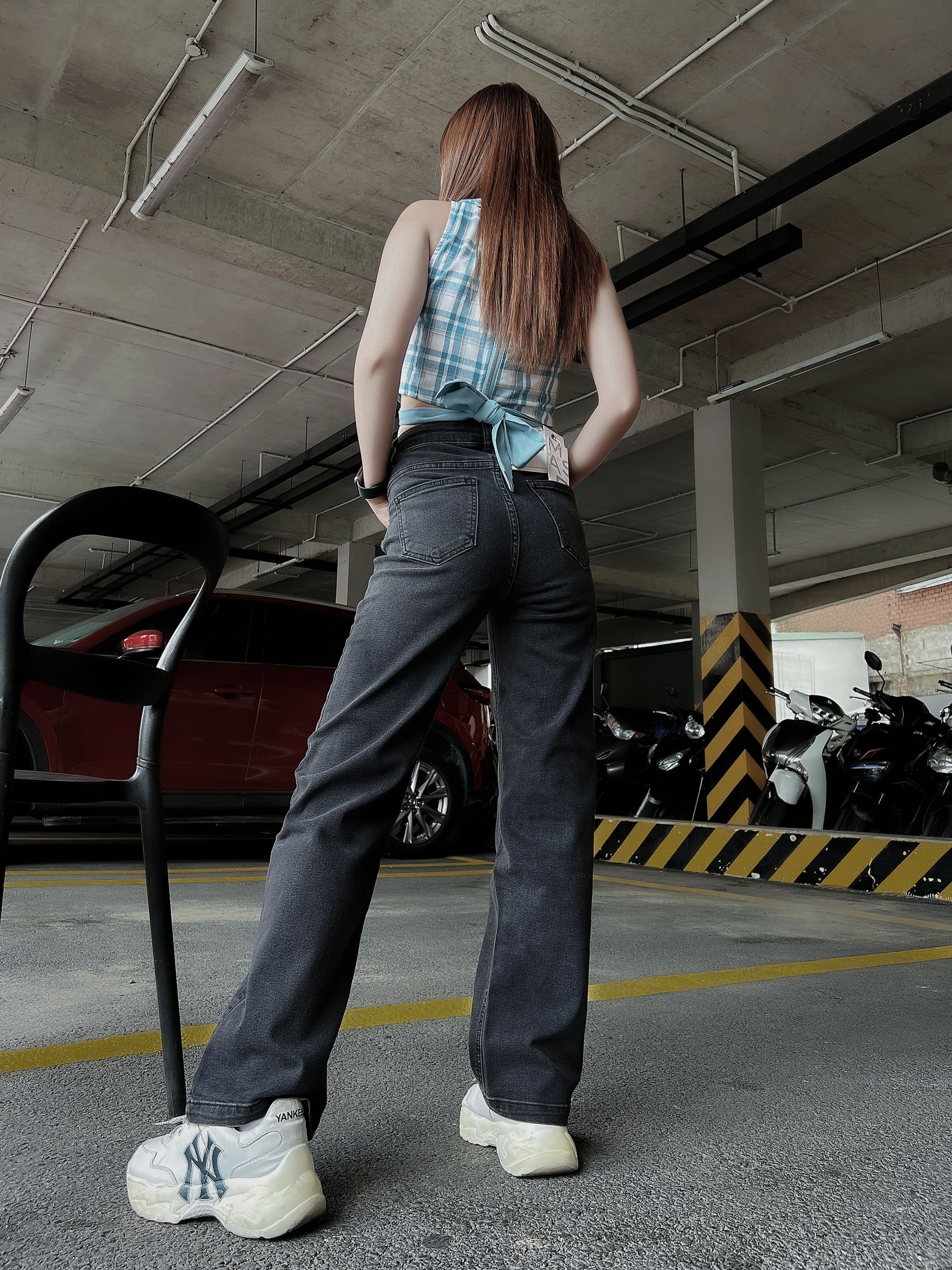 Quần Jeans ống suông đứng cạp cao dáng dài 2 màu đen và xám HQJEANS