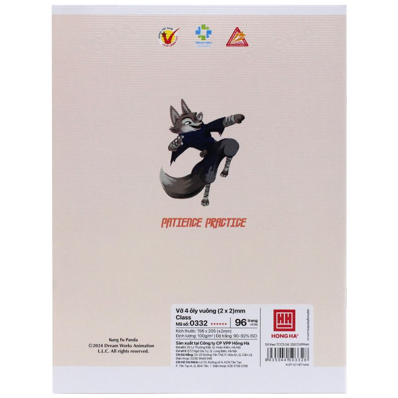 Combo 5 Tập Học Sinh Class KungFu Panda 4 - 4 Ô Ly Vuông - 96 Trang 100gsm - Hồng Hà 0332 - Mẫu 1 + Tặng Kèm Thẻ Cào