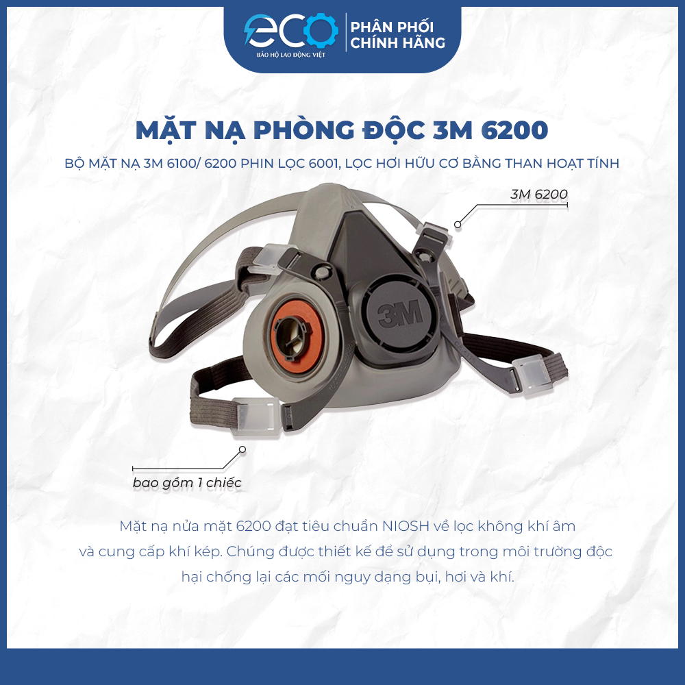 Bộ mặt nạ 3M lọc hơi hữu cơ 6100/ 6200 với phin lọc 6001, lọc hơi hữu cơ bằng than hoạt tính