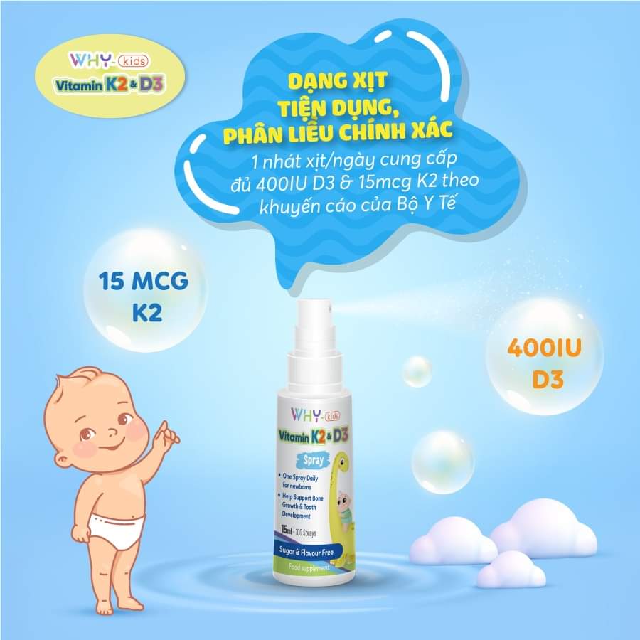 Why Kids Vitamin K2 &amp; D3 Spray 15ml - Hỗ Trợ Tăng Cường Hấp Thu Calci