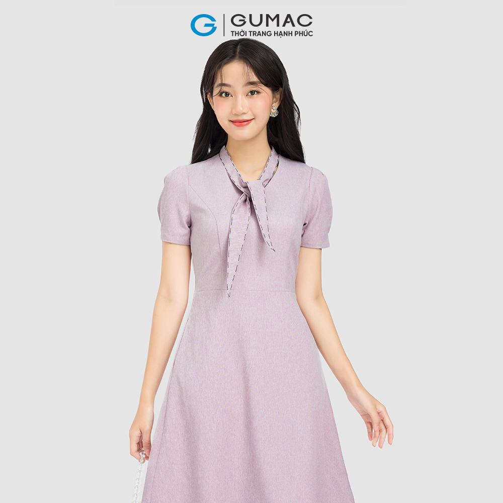 Đầm phối chỉ thắt nơ GUMAC DC08038 form A màu tím