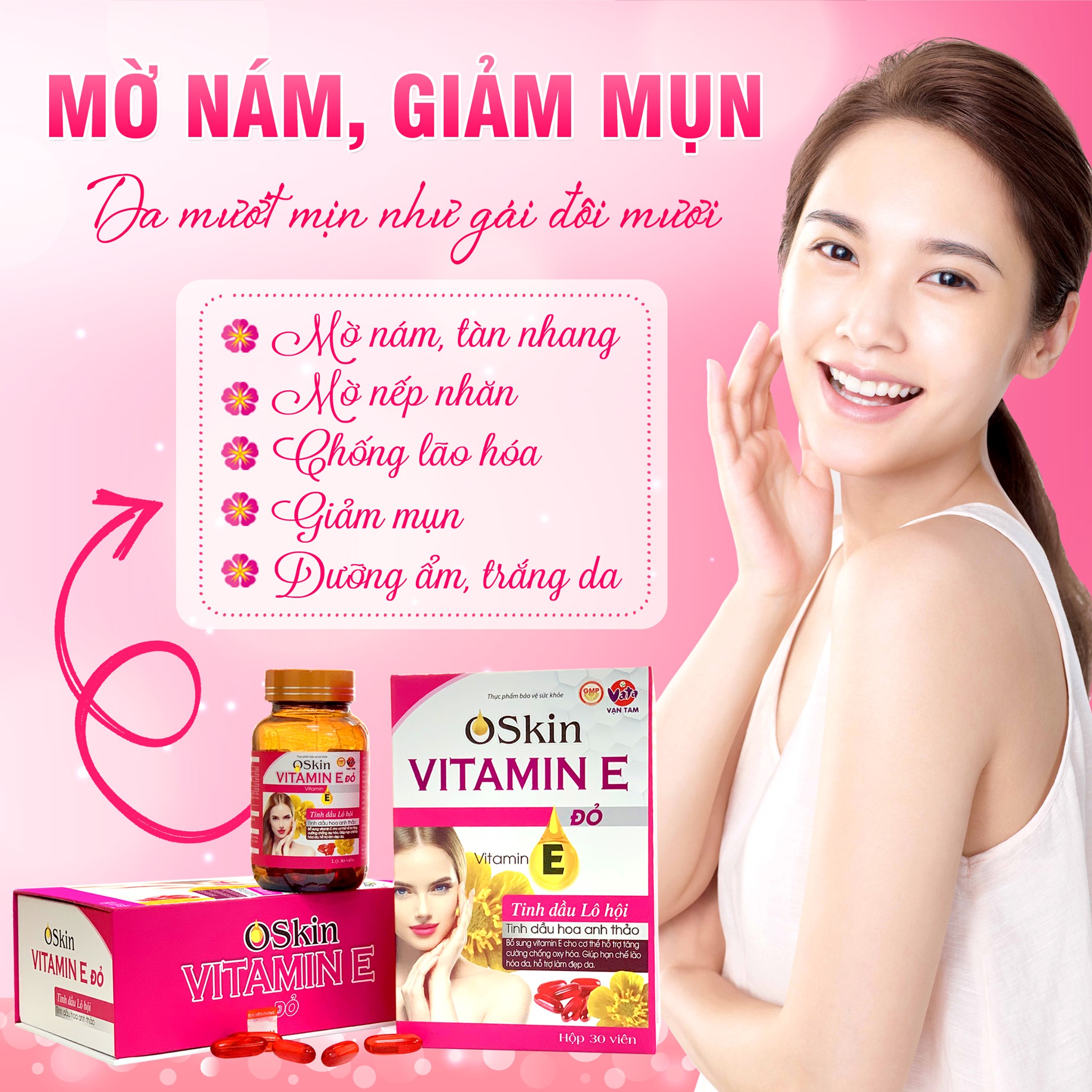 Viên uống Oskin Vitamin E Đỏ hỗ trợ trẻ hóa làm trắng cải thiện sạm nám ngăn ngừa lão hóa da