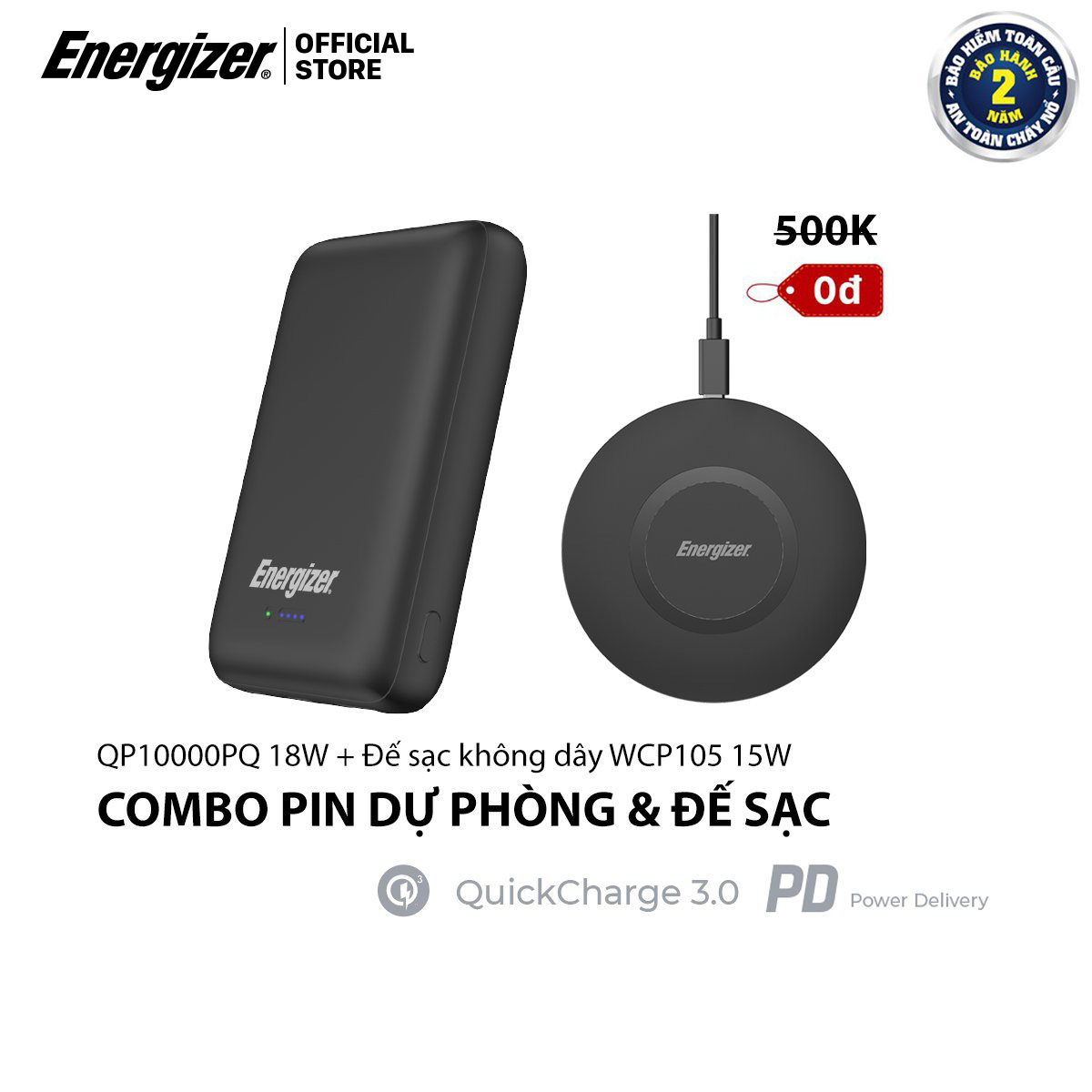 Combo Pin sạc dự phòng Energizer QP10000PQ + Đế sạc không dây Energizer WCP105 - HÀNG CHÍNH HÃNG