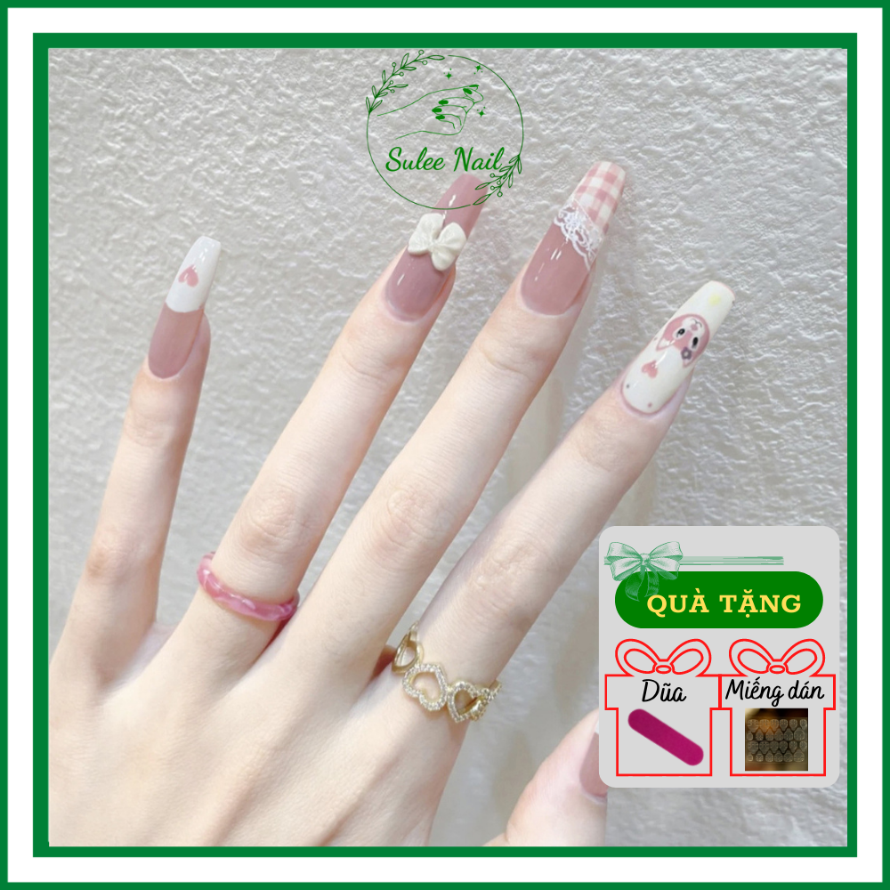 Bộ 24 móng giả, nailbox, mẫu phụ kiện màu hồng nhạt đẹp kèm dũa đính charm nơ xinh Sulee nail kiểu nhọn