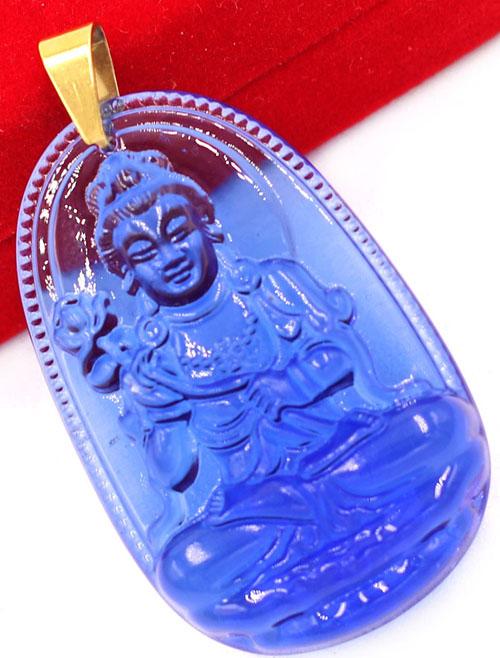 Vòng cổ dây dù Đại Thế Chí Bồ Tát thủy tinh xanh dương 3.6cm - phật bản mệnh tuổi Ngọ - Móc inox