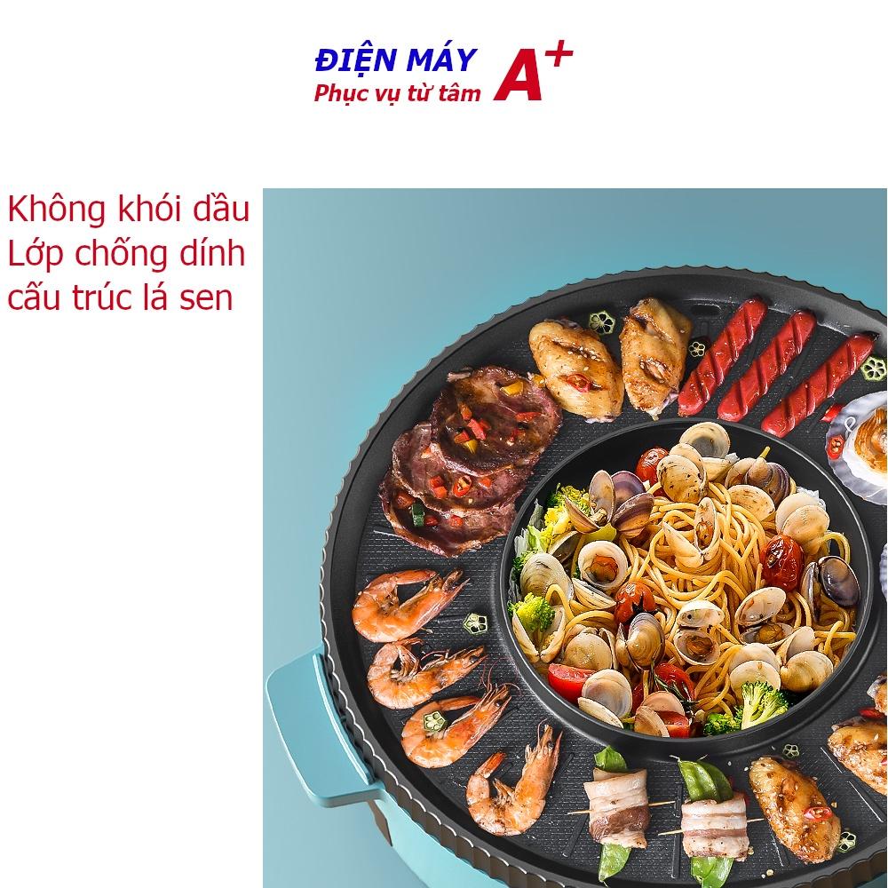 Bếp nướng lẩu 2 in 1 công nghệ nhiệt 4D, chống dính kiểu lá sen, không khói dầu