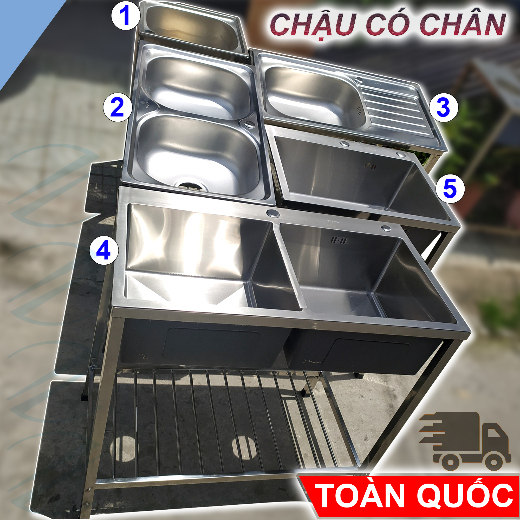Bộ Chậu Rửa Chén Bát Có Chân Inox Kazta Nhiều Kích Thước Thông Dụng - Gồm Chậu, kệ chân, xi phông