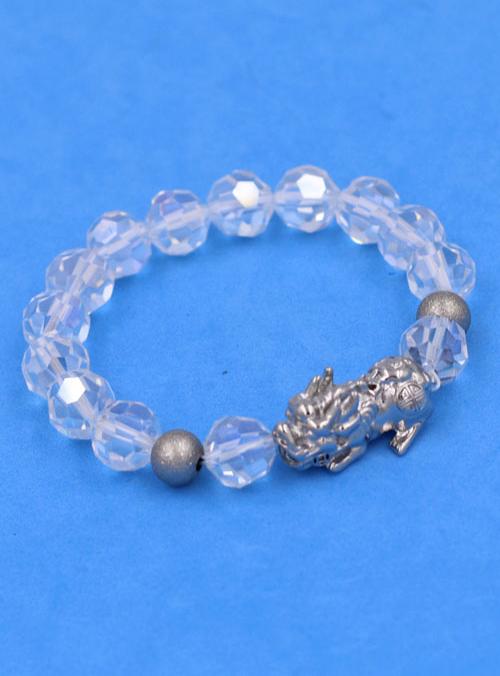 Chuỗi tay Pha Lê Trắng Cắt Giác 10 ly Mix Tỳ Hưu Inox 2 Bi VFLGTRTHEHB10 - Chuỗi tay phong thủy thời trang