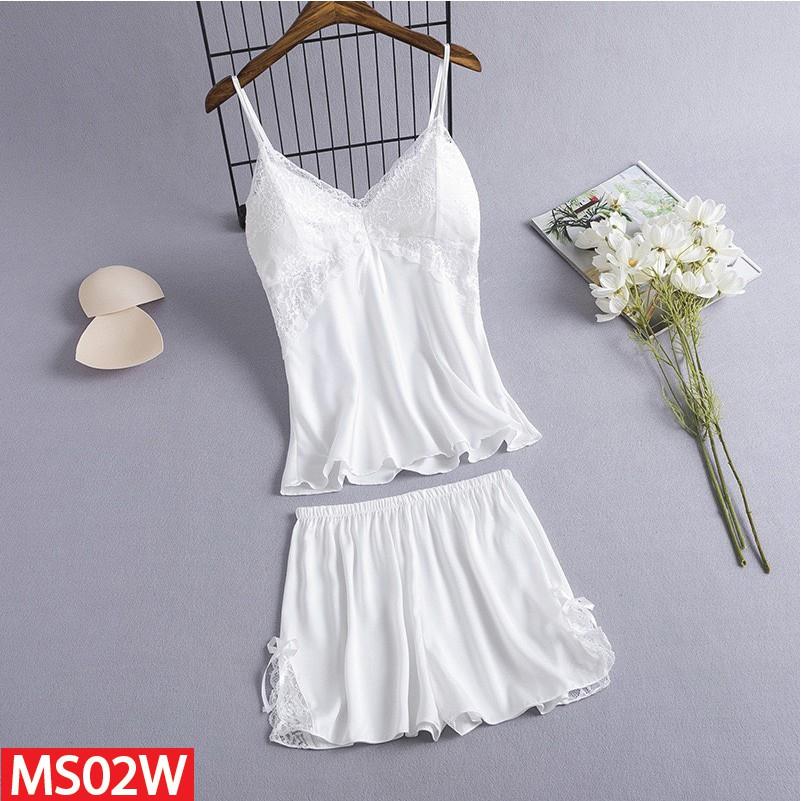 Bộ Đồ Ngủ Hai Dây Hisexy.vn Quần Cộc Lụa Satin Có Mút Ngực Đủ Size Dưới 62Kg MS02