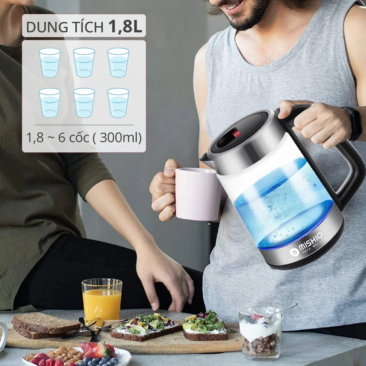 Bình đun 1.8L thủy tinh borosilicate mâm inox 304 Mishio MK341 - Hàng chính hãng