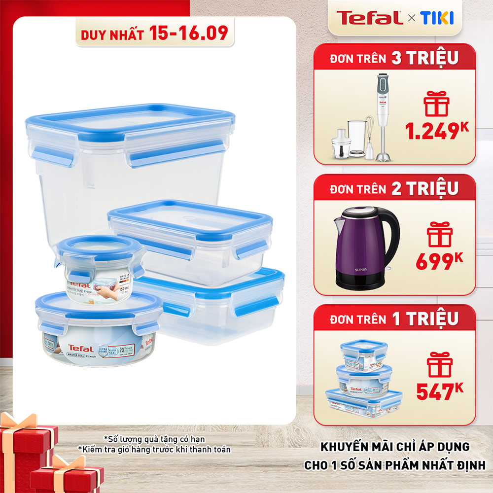 Bộ 5 hộp bảo quản thực phẩm nhựa BBA free, Tefal Masterseal Fresh, sản xuất tại Đức (150ml, 850ml,550ml, 800ml, 1100ml) - Hàng chính hãng