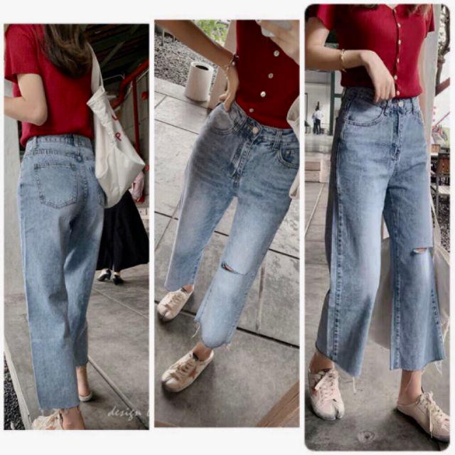 Quần baggy jean ống rộng rách 1 bên, hình thật quần trải sàn