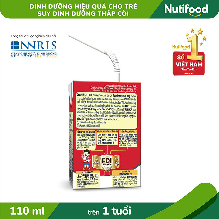 Thùng Sữa Bột Pha Sẵn Nutifood GrowPLUS+ ít đường Suy Dinh Dưỡng - Trên 1 Tuổi - Tăng Cân, Tăng Chiều Cao (48 Hộp x 110ml)